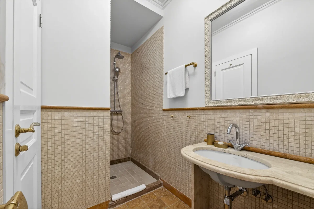Premium Double bathroom with walk-in shower, mosaic tiles and travertine washbasin